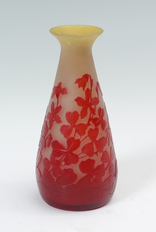 Appraisal: DIMINUTIVE CAMEO GLASS VASE SIGNED GALLE Red flowers cut to