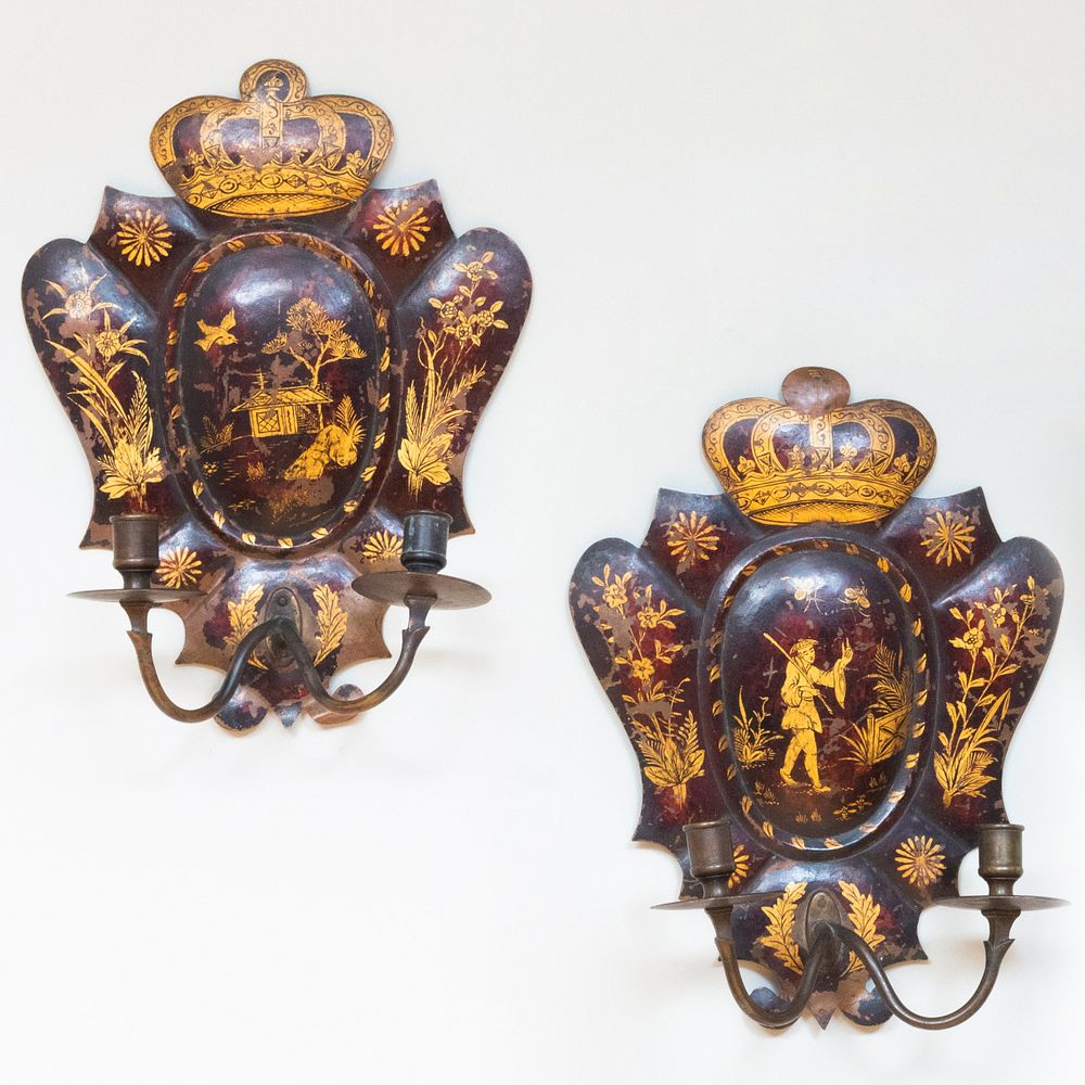 Appraisal: Pair of Faux Tortoiseshell Painted T le Two-Light Sconces x