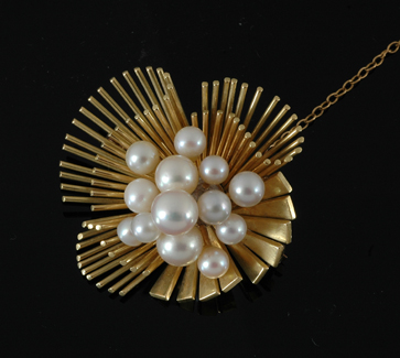 Appraisal: A cultured pearl cocktail brooch Circa The ct gold brooch