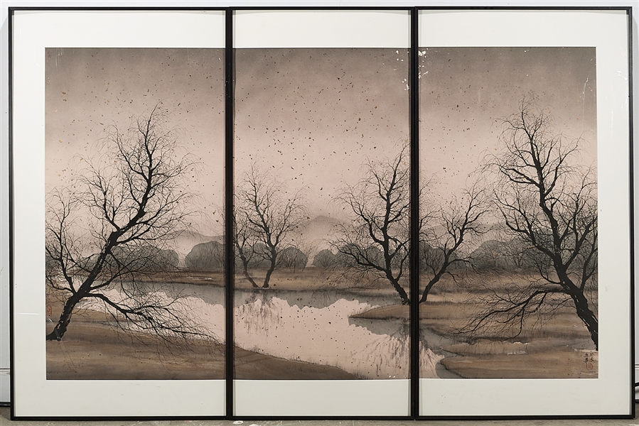 Appraisal: Three-piece watercolor on rice paper triptych of a river bank