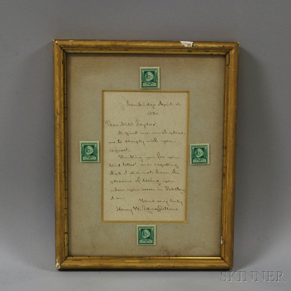 Appraisal: Henry Wadsworth Longfellows Framed Autographed Letter reading Cambridge April Dear