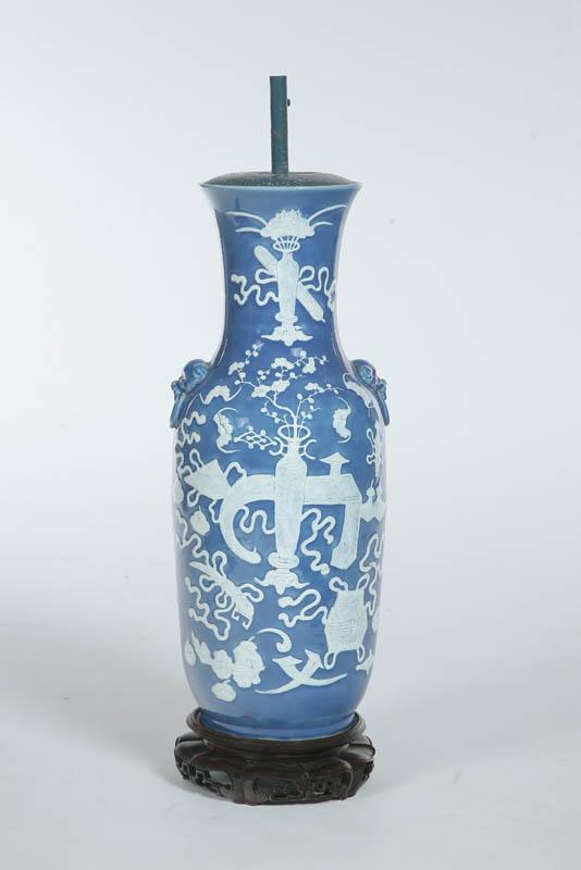 Appraisal: VASE LAMP China th century porcelain Hand decorated with white