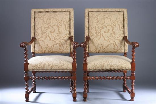 Appraisal: PAIR BAROQUE-STYLE FRUITWOOD BARLEY-TWIST ARM CHAIRS th century with textured