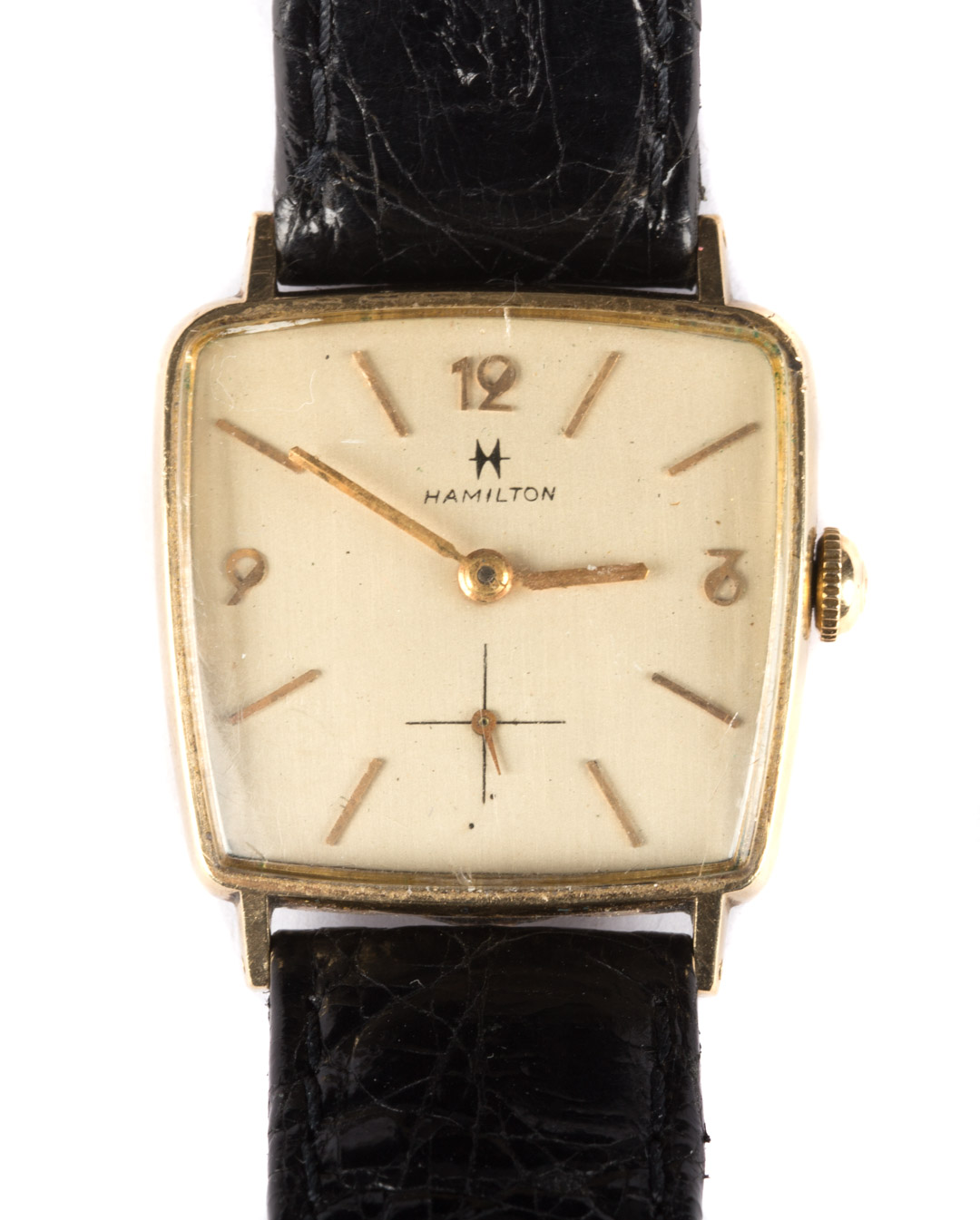 Appraisal: A Rare Shaped Hamilton Wristwatch gold filled case black leather