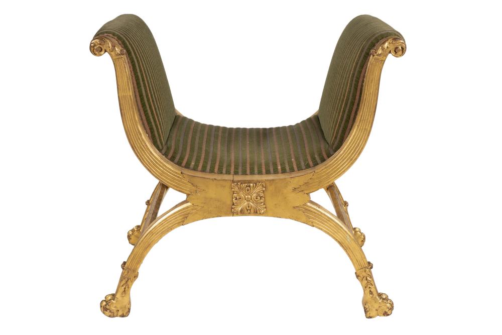 Appraisal: ITALIAN CARVED GILT WOOD BENCHwith green and red striped fabric