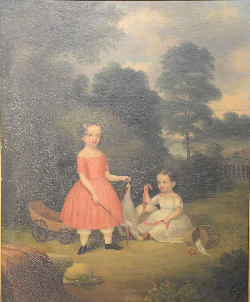 Appraisal: American primitive portrait painting oil on canvas depicting two young