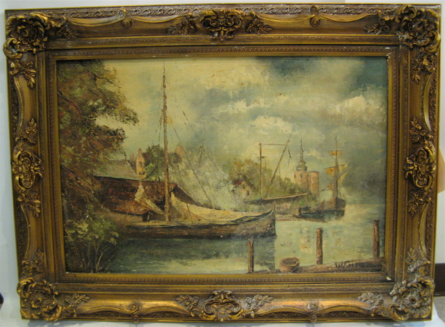 Appraisal: WILLY GISIN OIL ON MASONITE Swiss - Harbor scene with