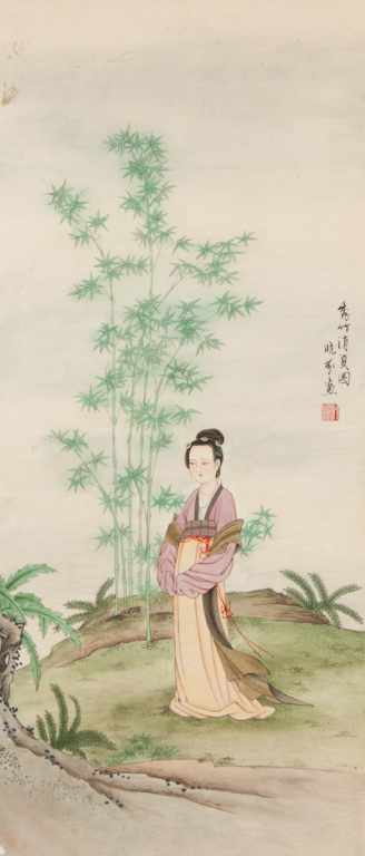 Appraisal: Chinese painting Lady standing in a landscape with bamboo attributed