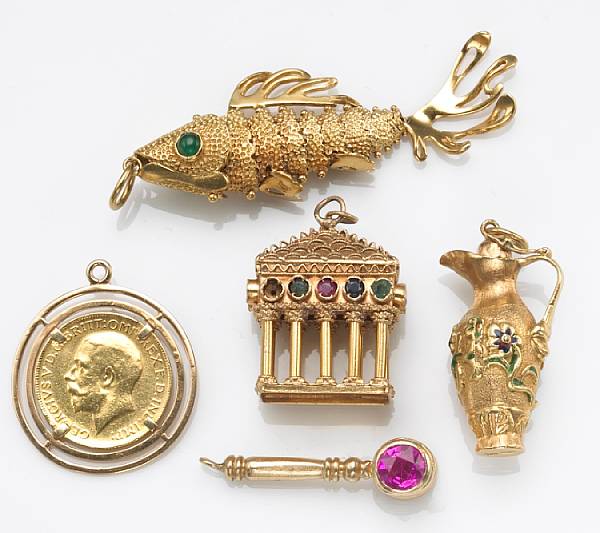 Appraisal: A collection of five gem-set enamel and k gold charms