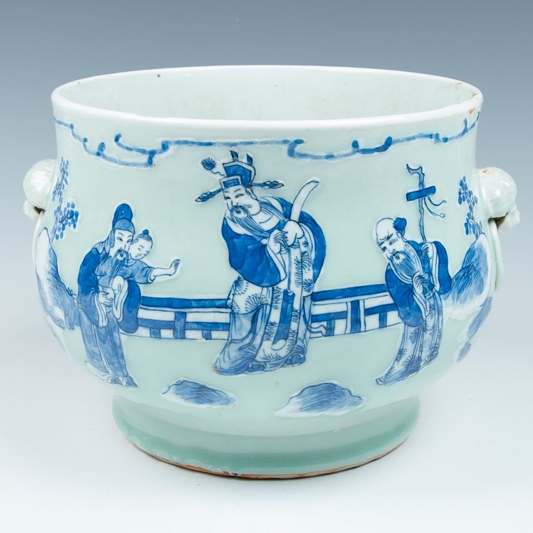 Appraisal: LARGE CELADON BLUE AND WHITE PORCELAIN CENSER The vase is