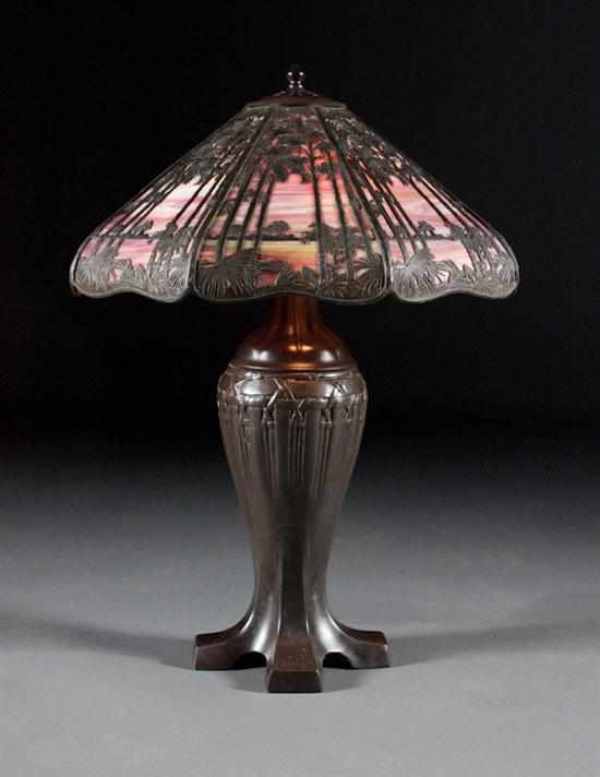 Appraisal: Handel patinated metal and slag glass Oasis table lamp early