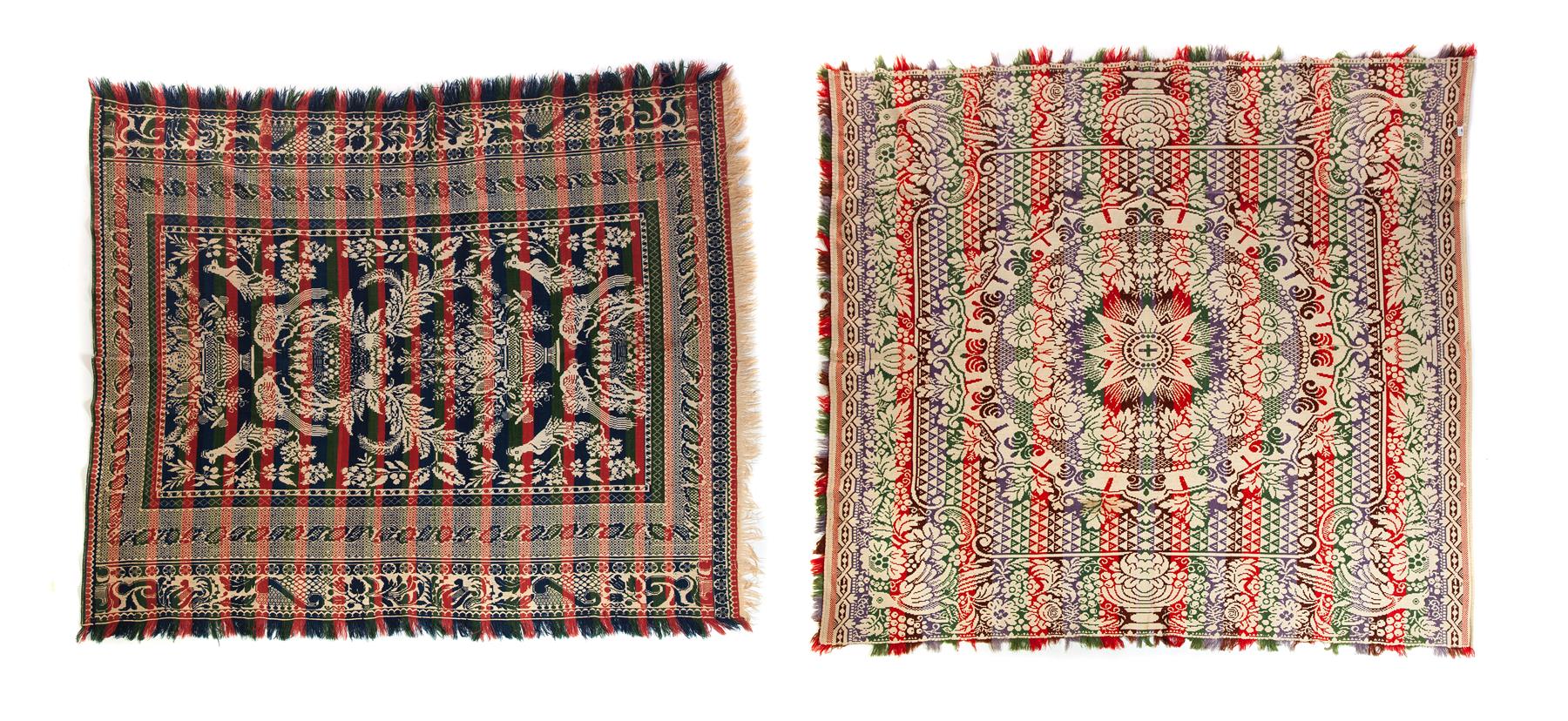 Appraisal: TWO JAQUARD COVERLETS American th century Green grey red brown