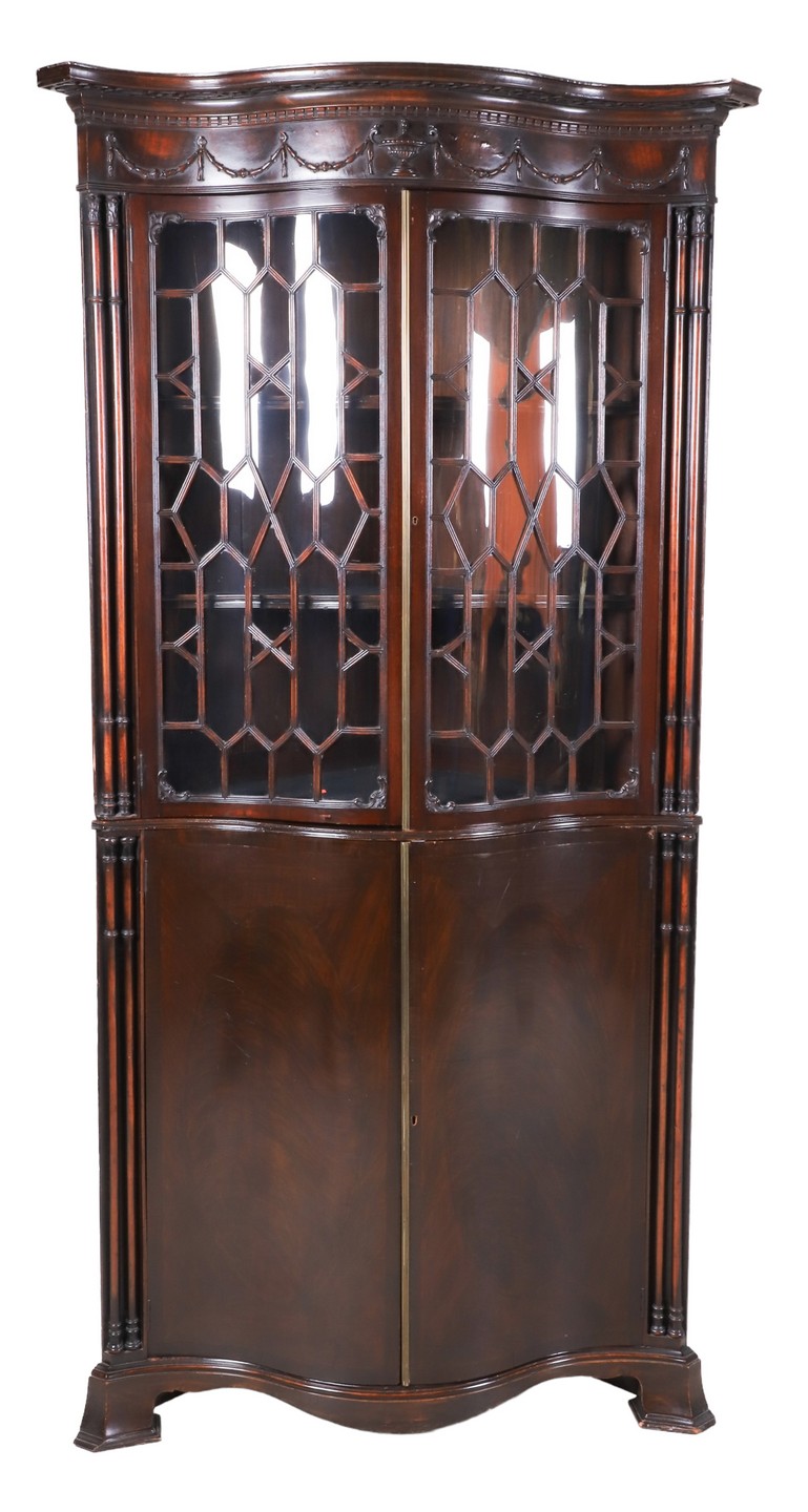 Appraisal: -pc Mahogany serpentine display cabinet top with two glass doors