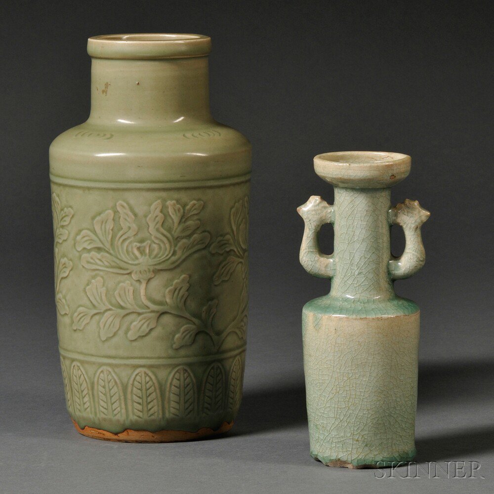 Appraisal: Two Celadon Vases China one with two openwork animal-inspired handles