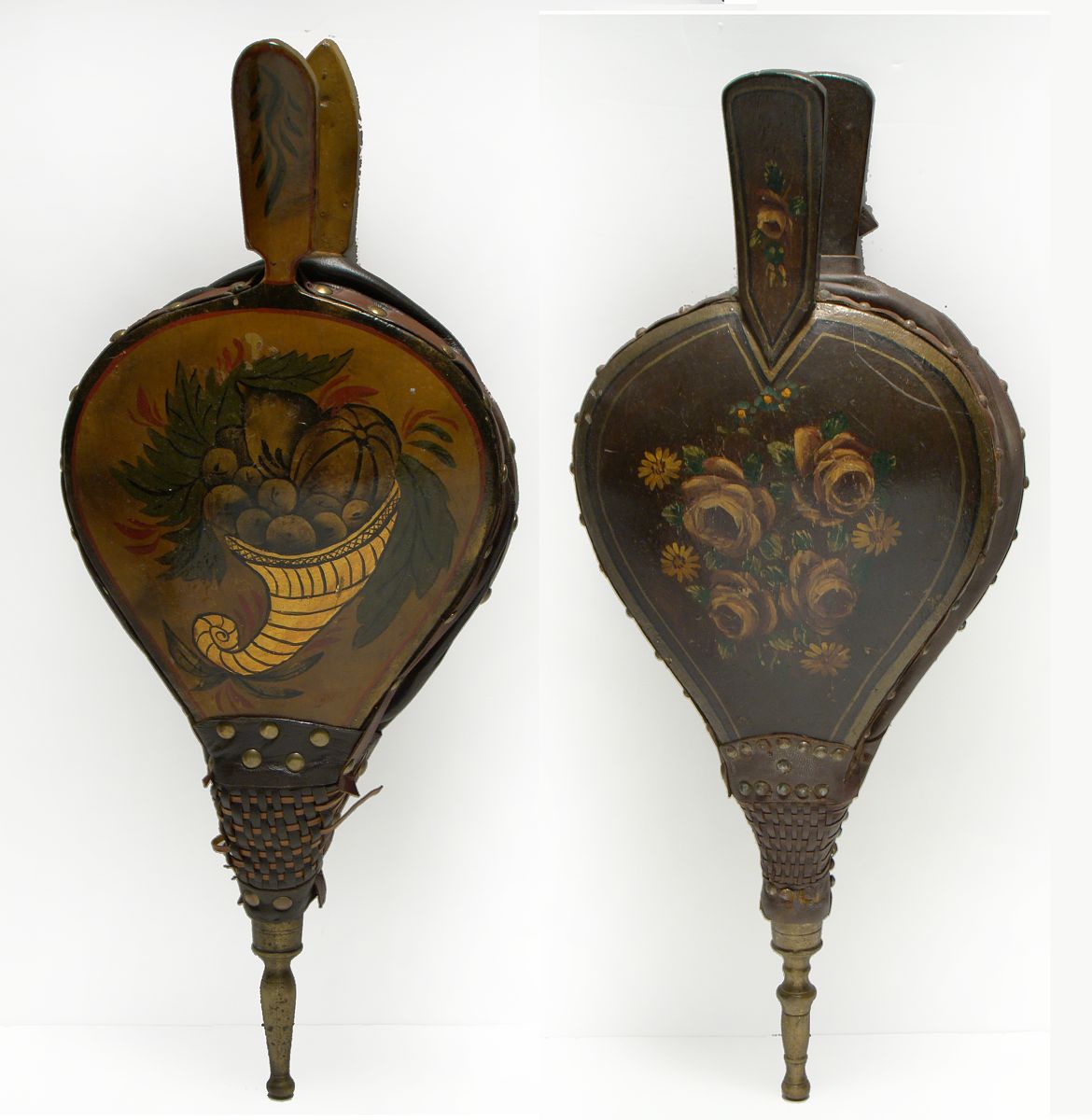 Appraisal: PAIR OF HAND-PAINTED WOODEN BELLOWS With brass and leather decoration