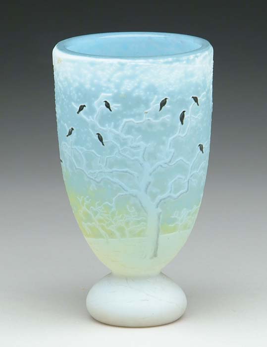 Appraisal: DAUM BLACKBIRD VASE Unusual pedestal form vase depicting blackbirds against