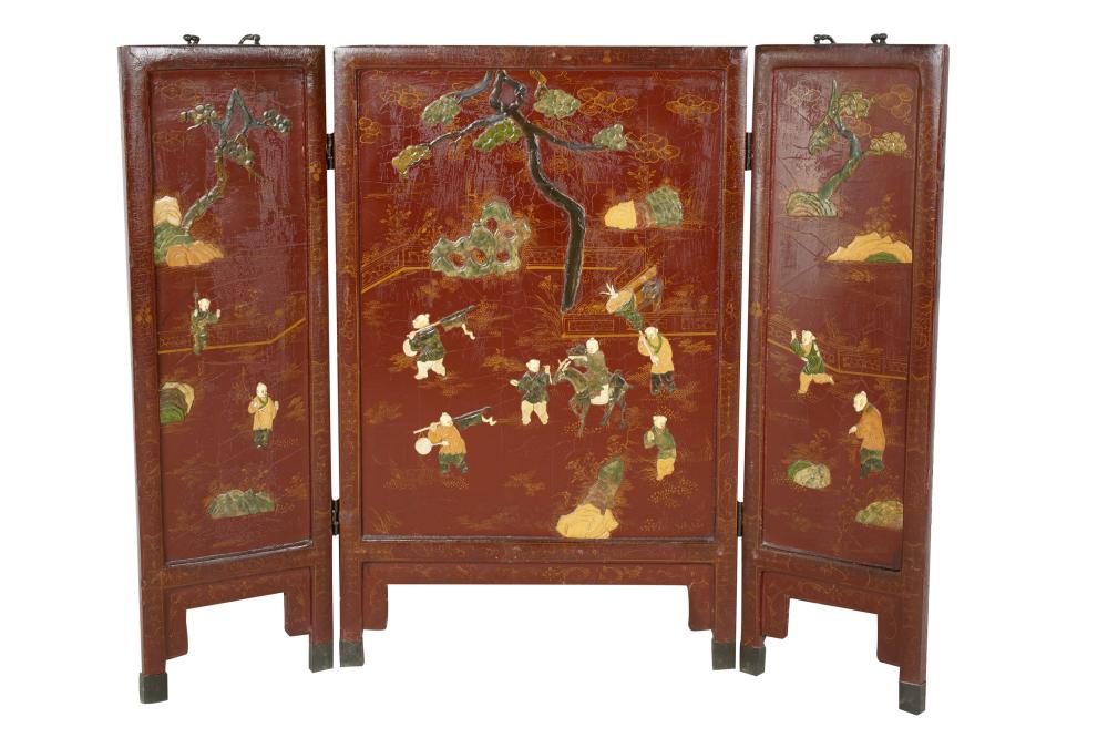 Appraisal: CHINESE CARVED LACQUERED THREE-PANEL SCREENCondition with repairs throughout overall inches