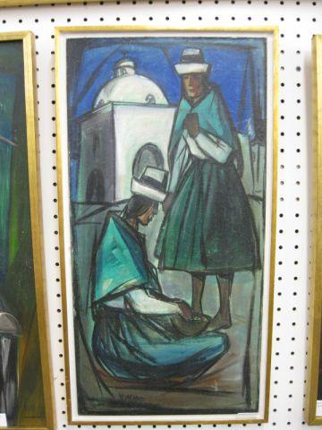 Appraisal: R Vejarano Oil Figures at Night image area x Peruvian