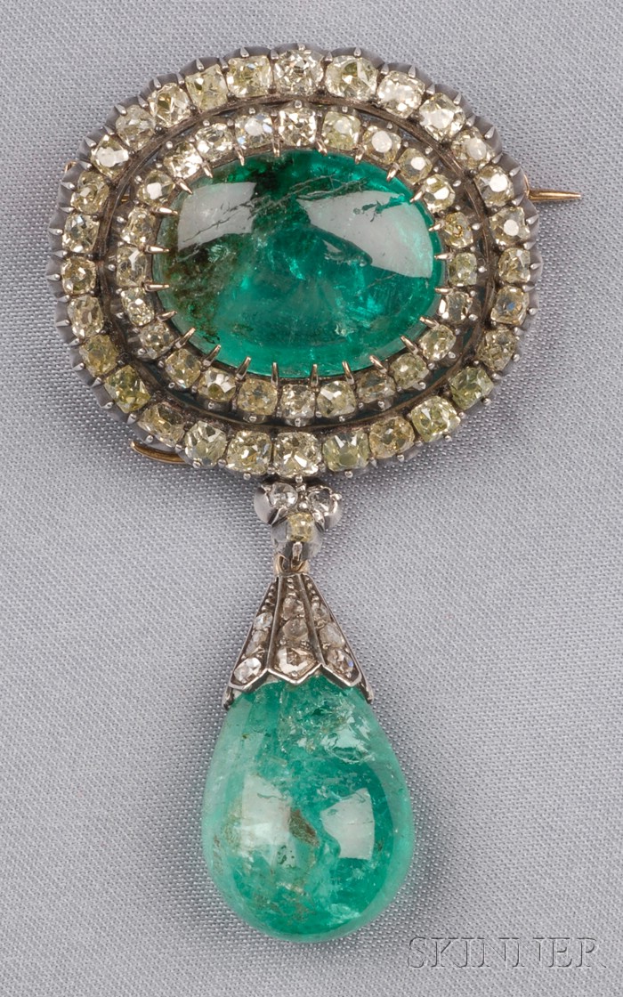 Appraisal: Antique Emerald and Diamond Pendant Brooch prong-set with a cabochon