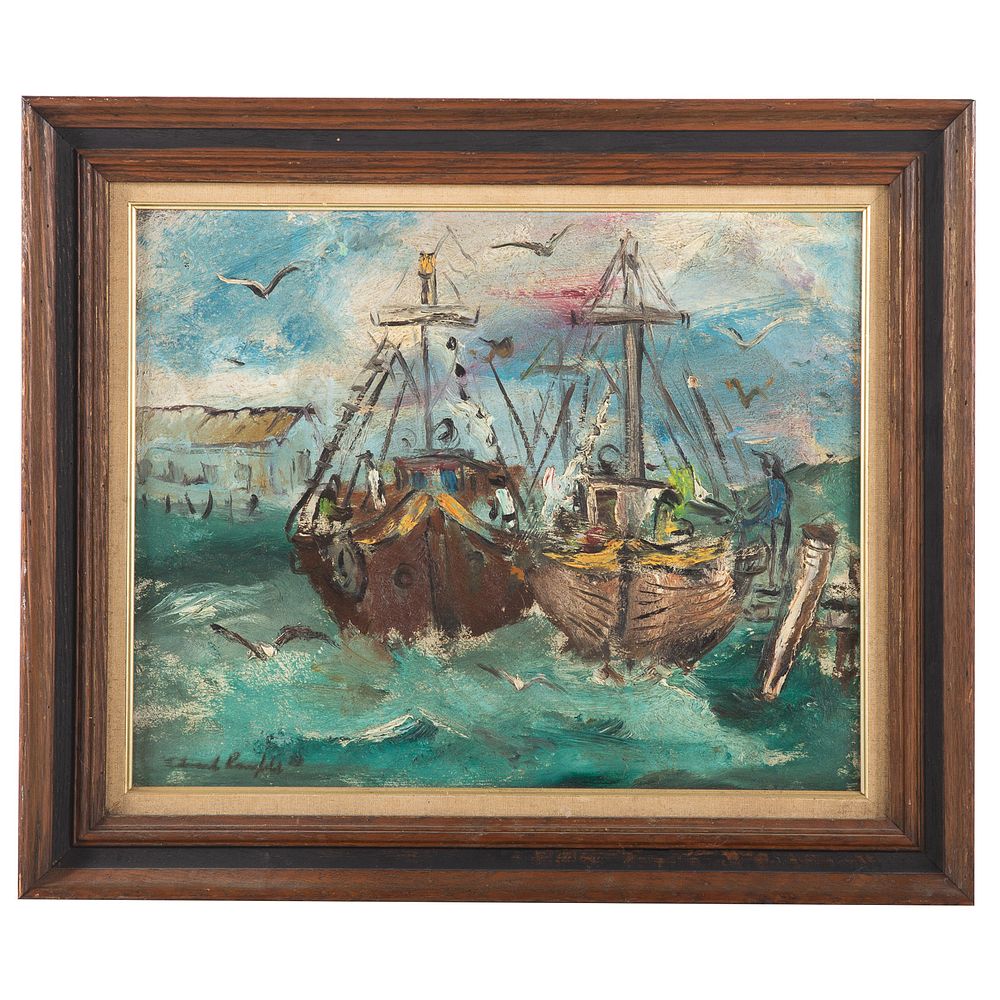 Appraisal: Edward Rosenfeld Boats at Dock oil on canvas American -