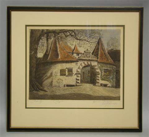 Appraisal: ENTRANCE TO A CHATEAU Colored etching x in sight Framed