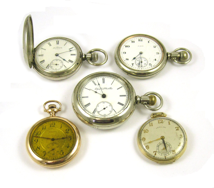 Appraisal: FIVE AMERICAN POCKET WATCHES Waltham coin silver hunter case model