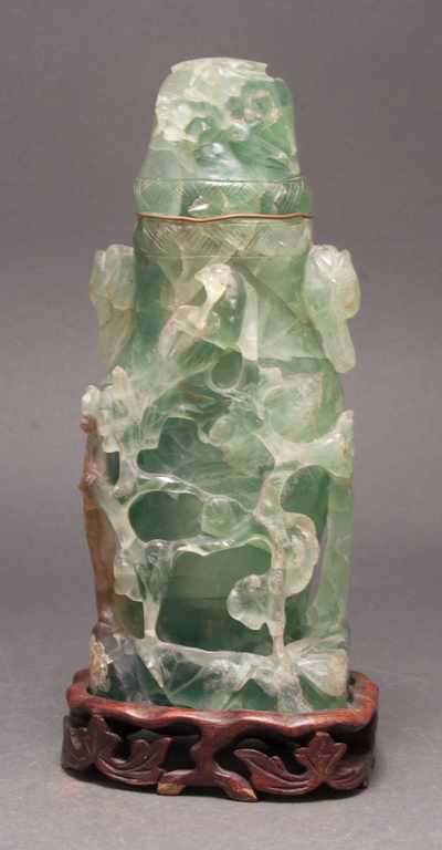 Appraisal: Chinese carved green quartz urn th century with bird and