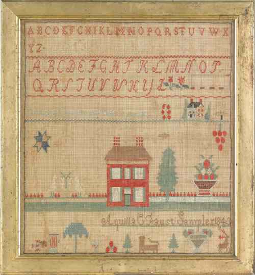 Appraisal: Pennsylvania silk on linen needlework sampler wrought by Aquilla C