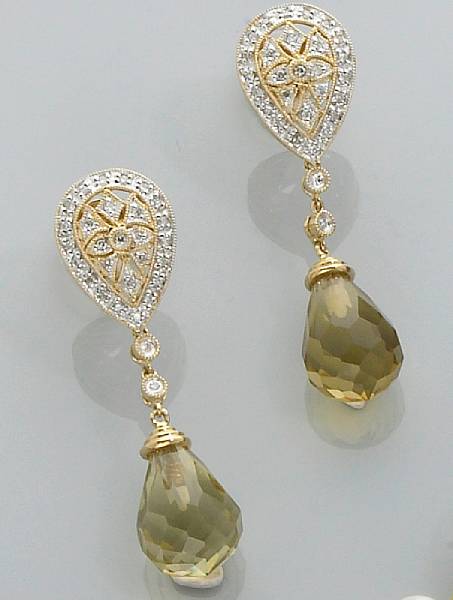 Appraisal: Pair of Citrine and Diamond Earrings Designed in the Art