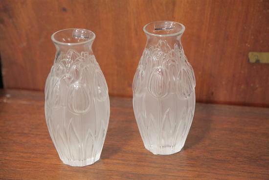 Appraisal: PAIR OF LALIQUE VASES Semi frosted vases with molded tulip