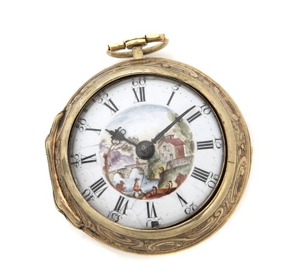 Appraisal: A gold plated open face pocket watch with painted scenery