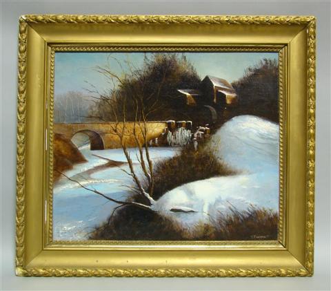 Appraisal: F FERRERA NEW ENGLAND WINTER LANDSCAPE Oil on canvas board