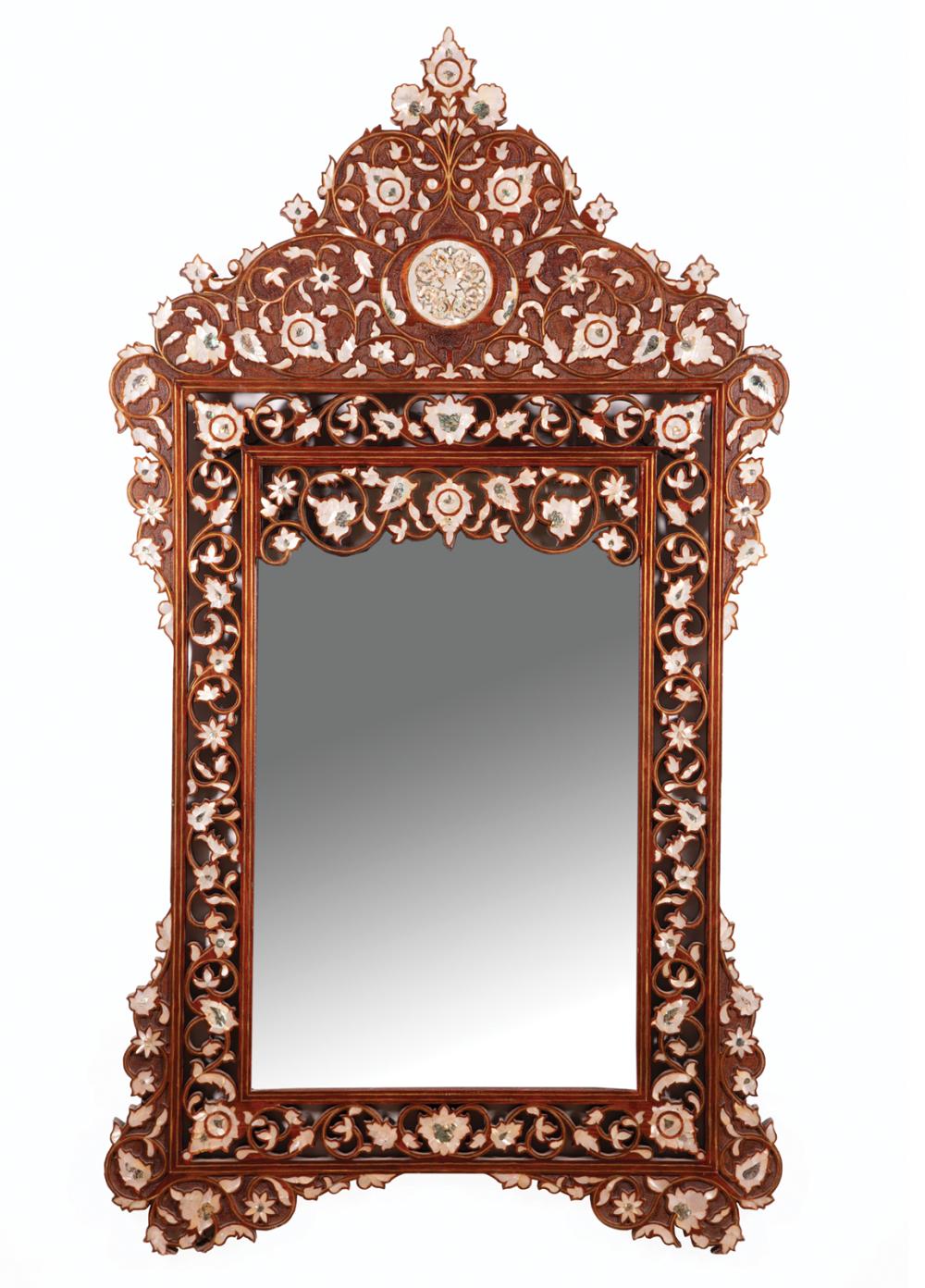 Appraisal: Pair of Moorish-Style Mother-of-Pearl Inlaid Mirrors scroll and foliate design