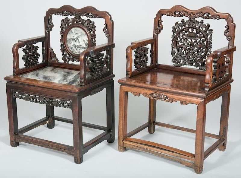 Appraisal: Chinese Carved Hardwood Chairs st item Carved Chinese hardwood and