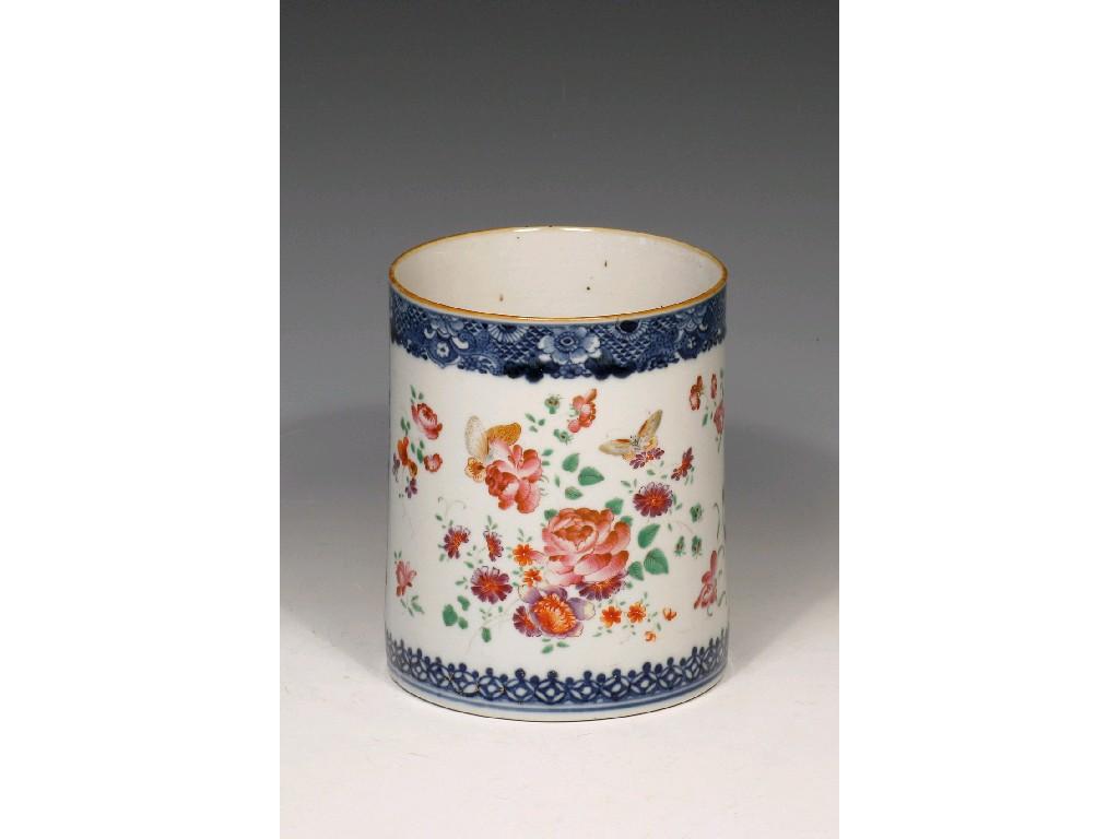 Appraisal: A CHINESE EXPORT FAMILLE ROSE TANKARD of cylindrical form enamelled