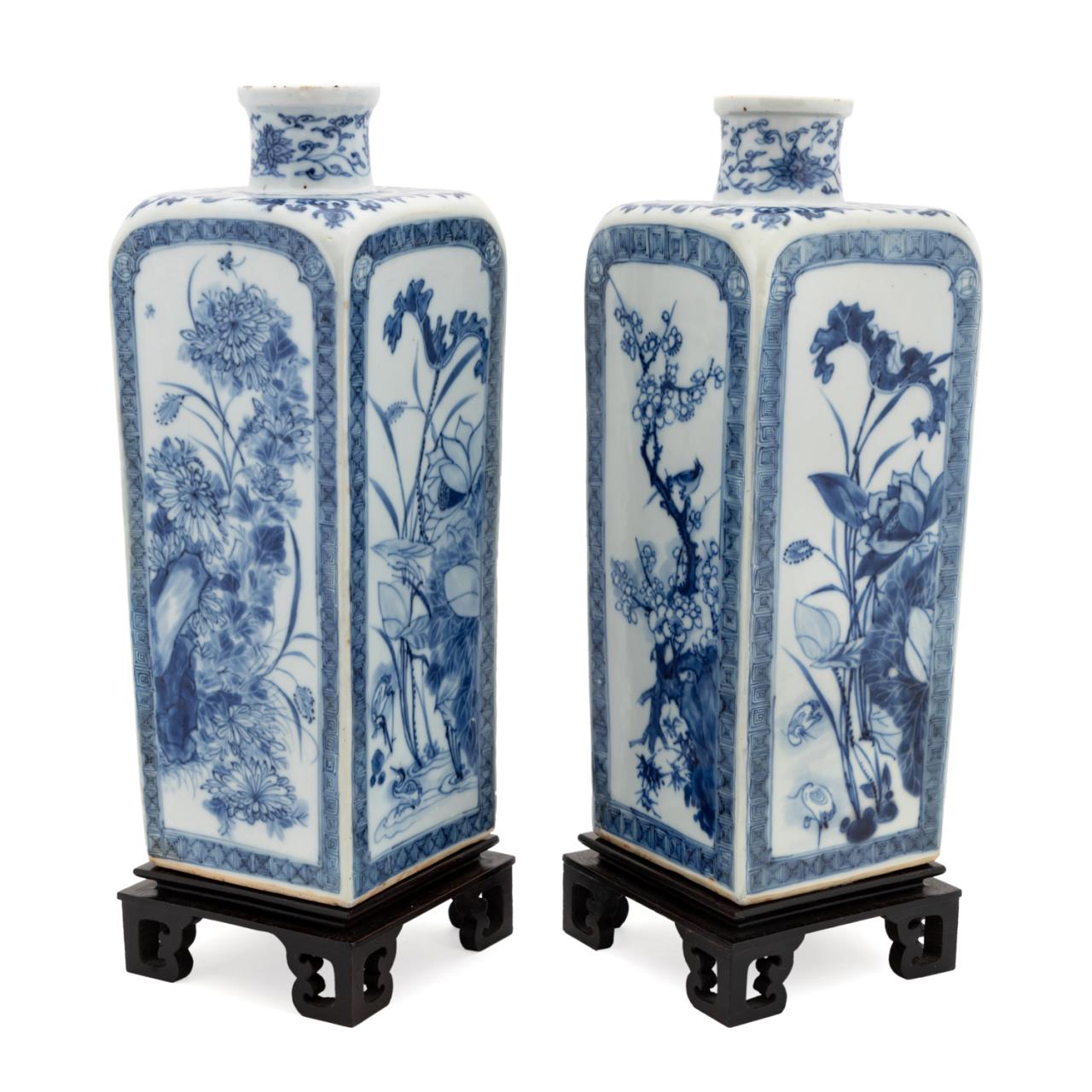 Appraisal: PAIR OF CHINESE BLUE WHITE VASES W STANDS Pair of