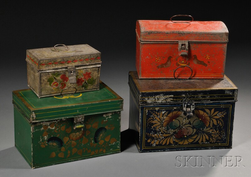 Appraisal: Four Paint-decorated Tinware Boxes America th century three boxes with