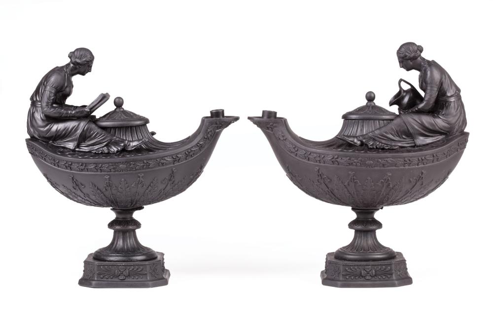 Appraisal: Pair of Wedgwood Black Basalt Figural Oil Lamps th c