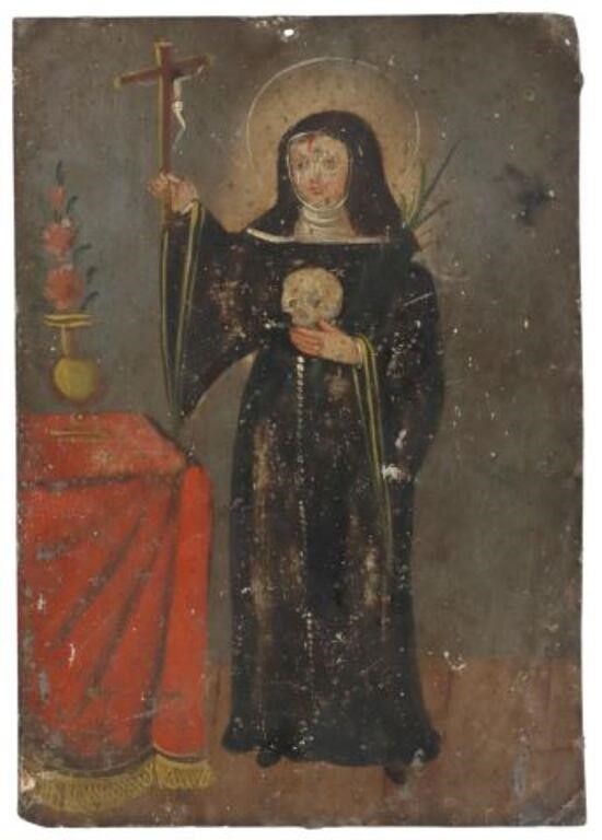 Appraisal: Unframed oil on tin retablo Santa Rita de Cascia Saint