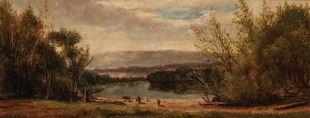 Appraisal: WILLIAM M HART American - Cattle by a River Rowboat