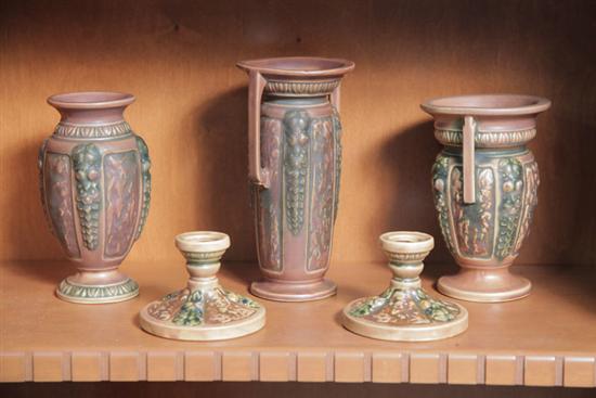 Appraisal: FOUR PIECES OF ROSEVILLE POTTERY All in brown Florentine pattern