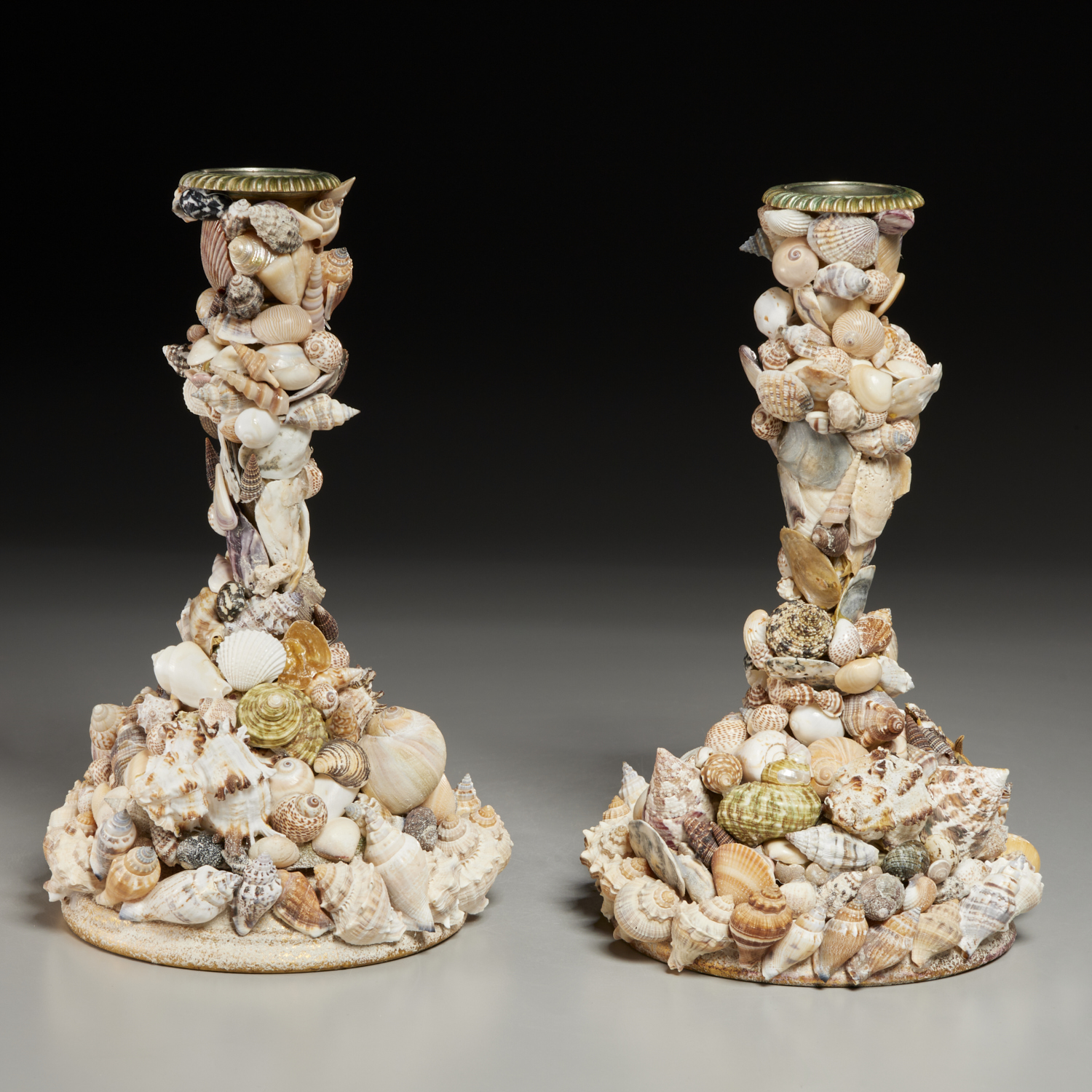 Appraisal: ANTHONY REDMILE STYLE PAIR SHELL CANDLESTICKS th c Italy seashell-encrusted