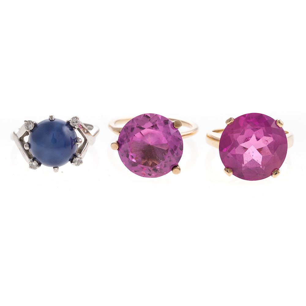 Appraisal: A Trio of Ladies Synthetic Gemstone Rings in K K