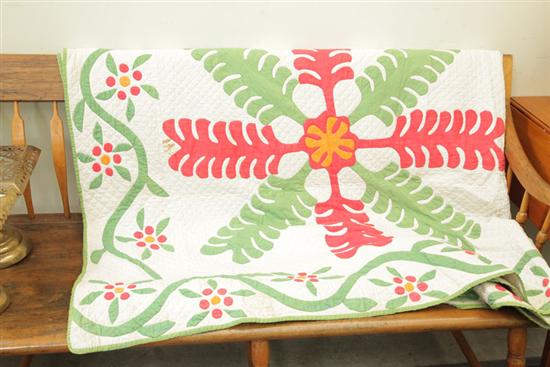 Appraisal: APPLIQUE PIECED QUILT Feather design applique in green orange and