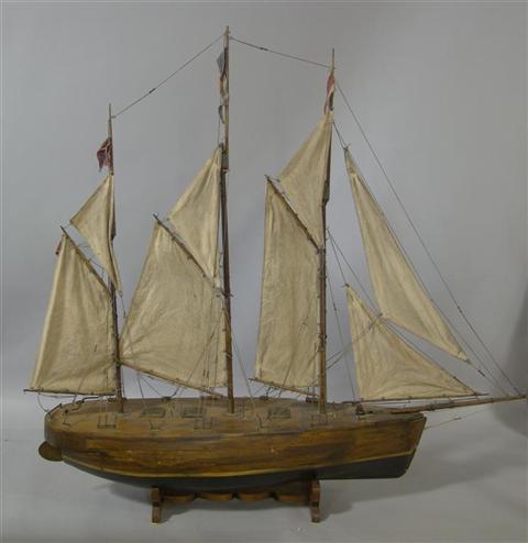 Appraisal: MODEL OF A THREE MASTED GAFF-RIGGED SCHOONER Circa with canvas