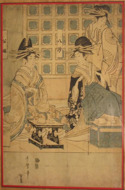 Appraisal: UTAMARO wood block print interior scene of three women in