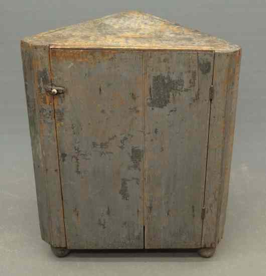 Appraisal: th c ball foot corner cupboard in old grey blue