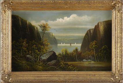 Appraisal: AMERICAN SCHOOL HUDSON RIVER VIEW Oil on canvas x in