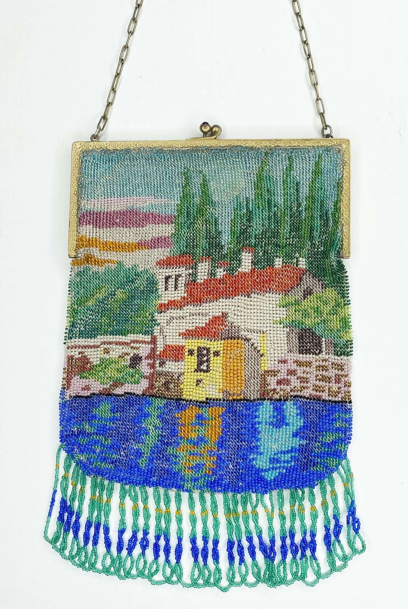 Appraisal: Micro Beaded Bag with Lake House Scene long widest Condition