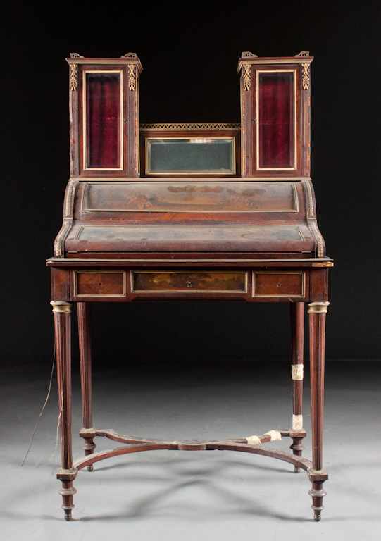 Appraisal: Louis XVI style Vernis Martin decorated parquetry inlaid walnut bureau